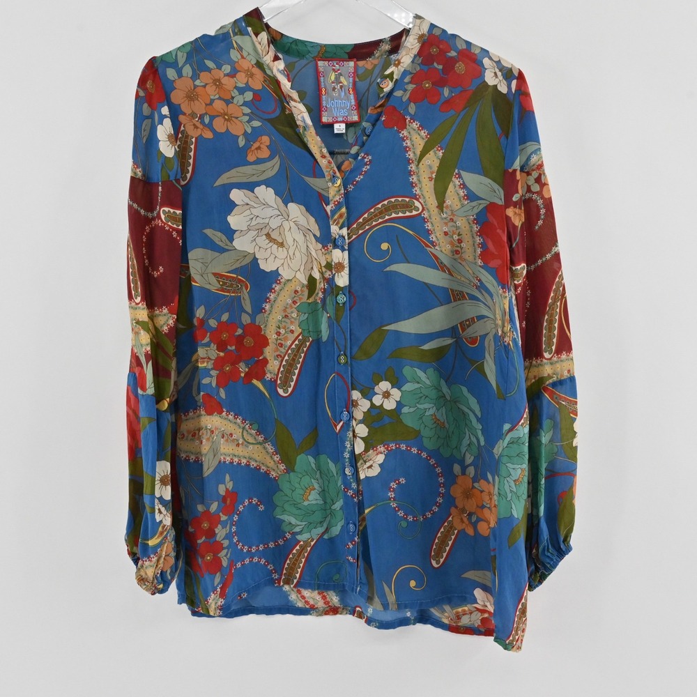 Johnny Was Teebee Tori Blouse Womens Size S Blue Floral Paisley Boho Button Top